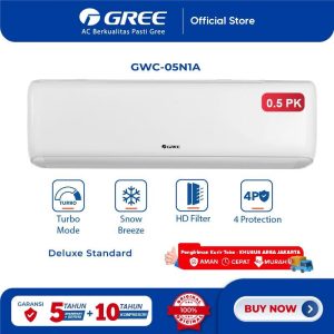 GREE AC DELUXE STANDARD N1A Series - 0.5PK - GWC-05N1A - KOMPRESSOR BLACK DIAMOND FIN - PUTIH